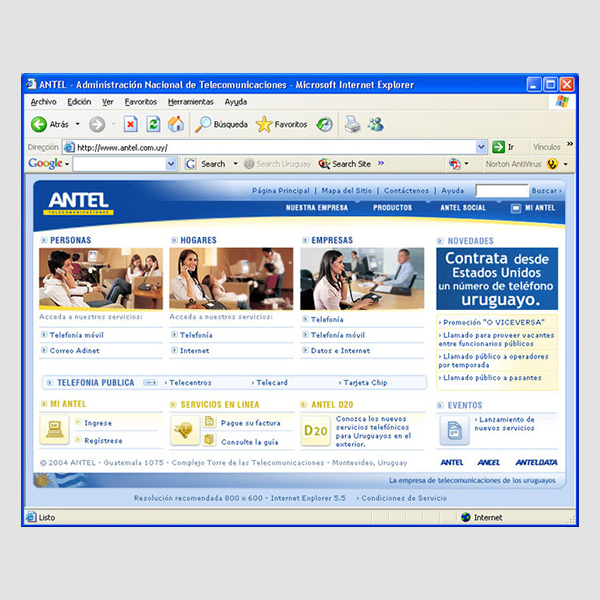 Captura de pantalla de la web corporativa de Antel de 2004